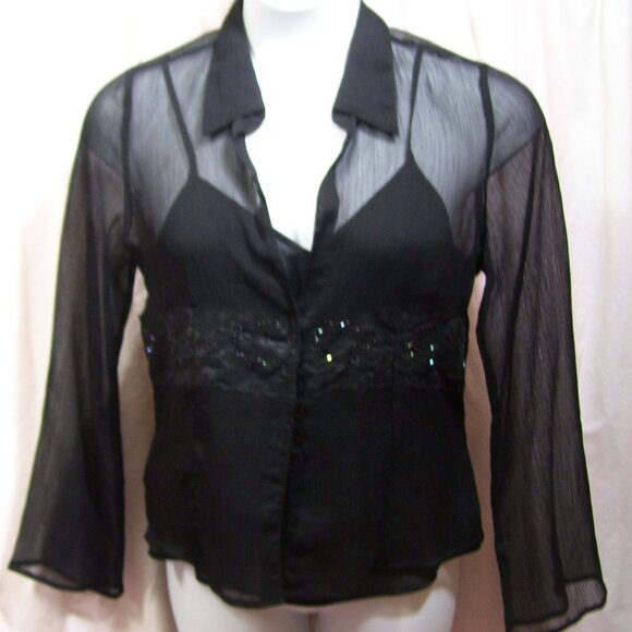 Gloria Vanderbilt Rich Black Sheer Blouse Set With Camisole Accent Bling Beads - Picture 1 of 10